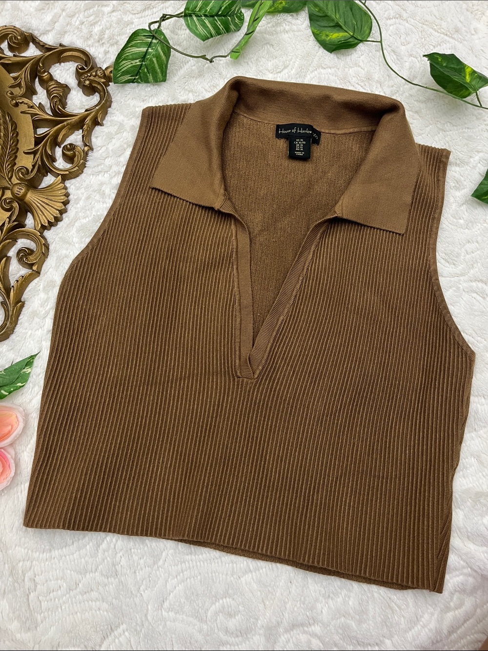 House of Harlow 1960 Ribbed V-Neck Polo Sweater Vest Tank Top